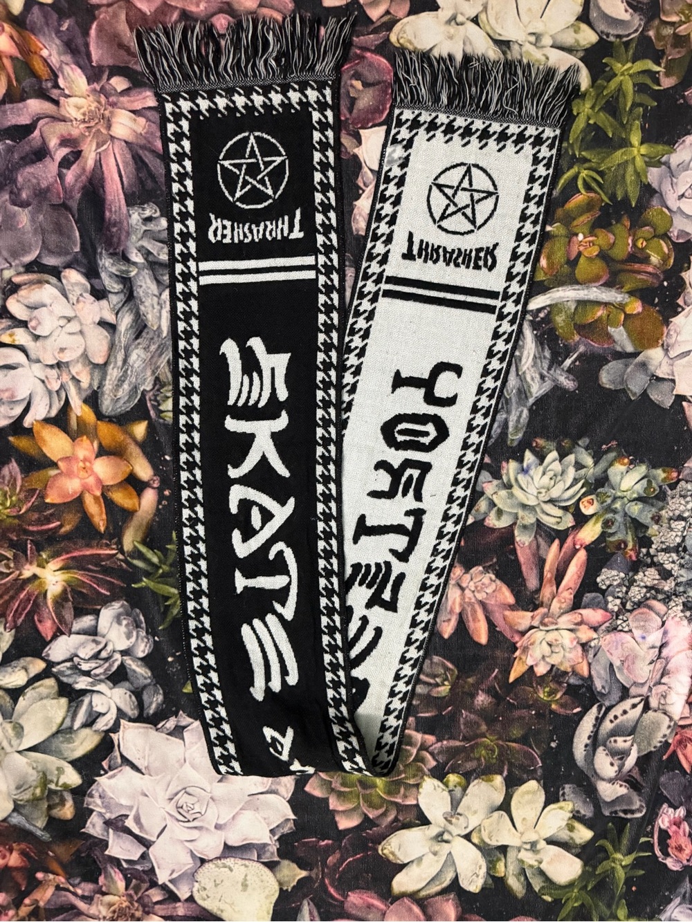 Thrasher Black and White Graphic Knit Scarf with Fringe